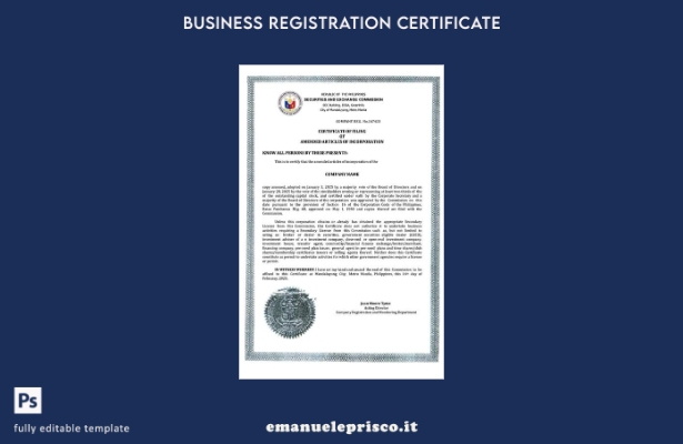 certificato di costituzione della società Filippine in stile verificato Modello 